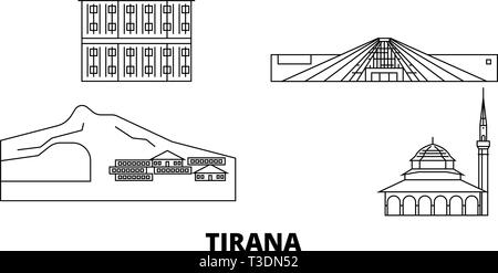 Albania Tirana linea skyline di viaggio set. Albania Tirana città outline illustrazione vettoriale, simbolo, siti di viaggi, punti di riferimento. Illustrazione Vettoriale