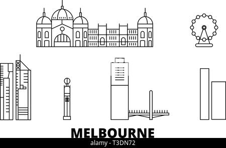 Australia, Melbourne City line travel skyline set. Australia, Melbourne città città outline illustrazione vettoriale, simbolo, siti di viaggi, punti di riferimento. Illustrazione Vettoriale