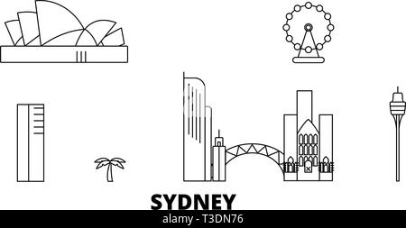 Australia, Sydney City line travel skyline set. Australia, Sydney City città outline illustrazione vettoriale, simbolo, siti di viaggi, punti di riferimento. Illustrazione Vettoriale