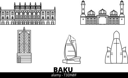 Azerbaigian, Baku linea skyline di viaggio set. Azerbaigian, Baku città outline illustrazione vettoriale, simbolo, siti di viaggi, punti di riferimento. Illustrazione Vettoriale