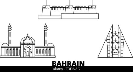 Bahrain linea skyline di viaggio set. Bahrain città outline illustrazione vettoriale, simbolo, siti di viaggi, punti di riferimento. Illustrazione Vettoriale