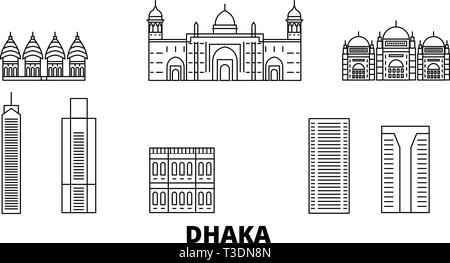 Bangladesh, Dhaka linea skyline di viaggio set. Bangladesh, Dhaka città outline illustrazione vettoriale, simbolo, siti di viaggi, punti di riferimento. Illustrazione Vettoriale