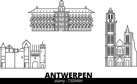 Belgio, Antwerpen linea skyline di viaggio set. Belgio, Antwerpen città outline illustrazione vettoriale, simbolo, siti di viaggi, punti di riferimento. Illustrazione Vettoriale