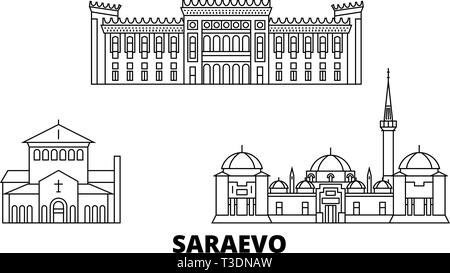 La Bosnia ed Erzegovina, Saraevo linea skyline di viaggio set. La Bosnia ed Erzegovina, Saraevo città outline illustrazione vettoriale, simbolo, siti di viaggio Illustrazione Vettoriale