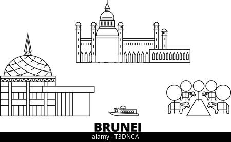 Brunei linea skyline di viaggio set. Brunei Città outline illustrazione vettoriale, simbolo, siti di viaggi, punti di riferimento. Illustrazione Vettoriale