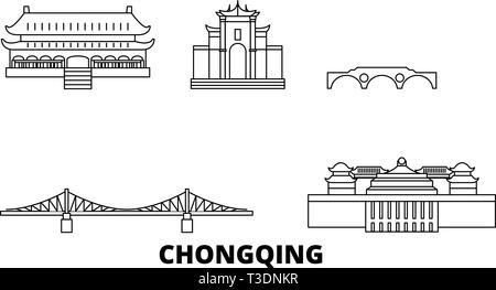 Cina, Chongqing linea skyline di viaggio set. Cina, contorno di Chongqing city illustrazione vettoriale, simbolo, siti di viaggi, punti di riferimento. Illustrazione Vettoriale