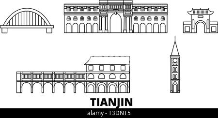 Cina, Tianjin City line travel skyline set. Cina, Tianjin City città outline illustrazione vettoriale, simbolo, siti di viaggi, punti di riferimento. Illustrazione Vettoriale