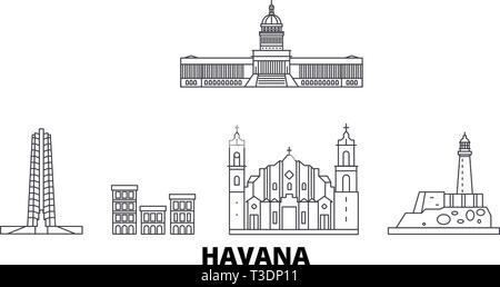 Cuba, La Habana linea skyline di viaggio set. Cuba, Avana Città outline illustrazione vettoriale, simbolo, siti di viaggi, punti di riferimento. Illustrazione Vettoriale