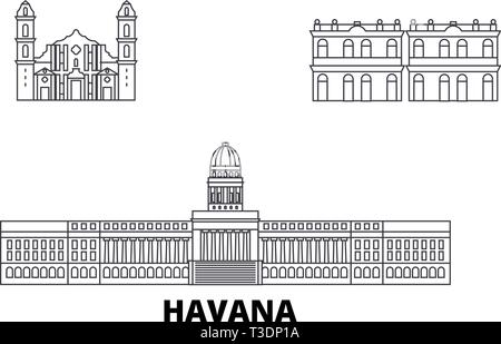 Cuba, Havana City line travel skyline set. Cuba, Havana City città outline illustrazione vettoriale, simbolo, siti di viaggi, punti di riferimento. Illustrazione Vettoriale
