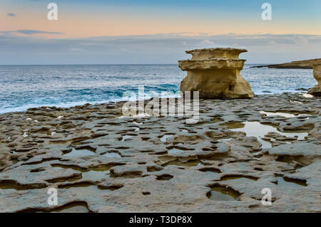 Le formazioni rocciose presso San Pietro Piscina al tramonto vicino a Marsaxlokk, Malta. Insolito rocce calcaree come risultato naturale del vento ed erosione di acqua presso il maltese Foto Stock