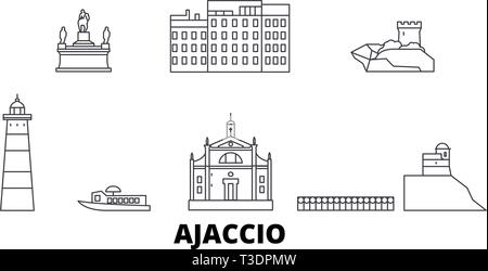 Francia, Ajaccio linea skyline di viaggio set. Francia, Ajaccio città outline illustrazione vettoriale, simbolo, siti di viaggi, punti di riferimento. Illustrazione Vettoriale