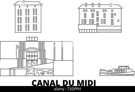 Francia, Canal Du Midi linea skyline di viaggio set. In Francia, il Canal du Midi di delineare city illustrazione vettoriale, simbolo, siti di viaggi, punti di riferimento. Illustrazione Vettoriale