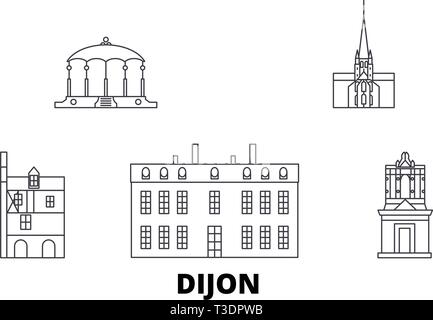 Francia, Digione linea skyline di viaggio set. Francia, Dijon città outline illustrazione vettoriale, simbolo, siti di viaggi, punti di riferimento. Illustrazione Vettoriale