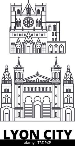 Francia, Lyon City line travel skyline set. Francia, Lione città città outline illustrazione vettoriale, simbolo, siti di viaggi, punti di riferimento. Illustrazione Vettoriale