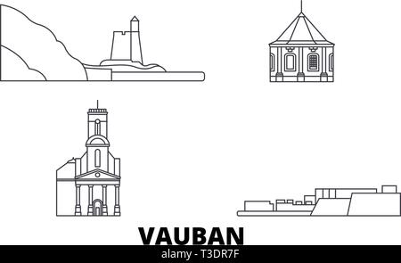 Francia, Vauban linea skyline di viaggio set. Francia, Vauban città outline illustrazione vettoriale, simbolo, siti di viaggi, punti di riferimento. Illustrazione Vettoriale