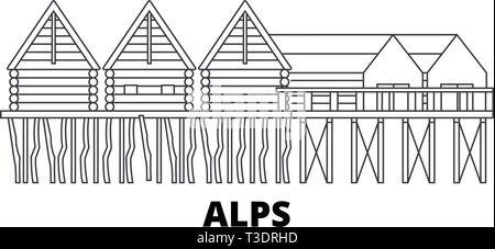 Germania, Alpi, preistorici stazioni palafitticole linea skyline di viaggio set. Germania, Alpi pila preistoriche abitazioni di città profilo illustrazione vettoriale, simbolo Illustrazione Vettoriale