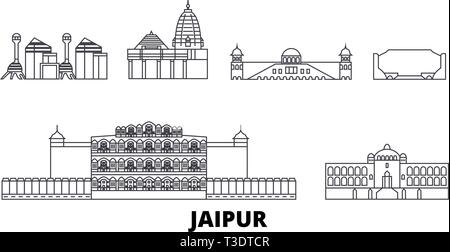 India, Jaipur linea skyline di viaggio set. India, Jaipur cittã outline illustrazione vettoriale, simbolo, siti di viaggi, punti di riferimento. Illustrazione Vettoriale