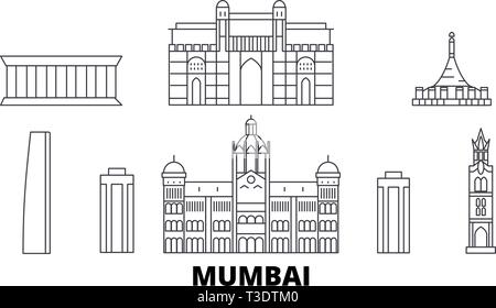 India, Mumbai linea skyline di viaggio set. India, Mumbai città outline illustrazione vettoriale, simbolo, siti di viaggi, punti di riferimento. Illustrazione Vettoriale