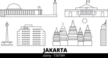 Indonesia Jakarta linea skyline di viaggio set. Indonesia Jakarta città outline illustrazione vettoriale, simbolo, siti di viaggi, punti di riferimento. Illustrazione Vettoriale