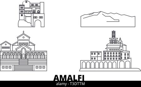 Italia Amalfi linea skyline di viaggio set. Italia Amalfi città outline illustrazione vettoriale, simbolo, siti di viaggi, punti di riferimento. Illustrazione Vettoriale