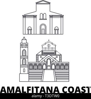 Italia Amalfi Coast line skyline di viaggio set. Italia Amalfi Coast Città outline illustrazione vettoriale, simbolo, siti di viaggi, punti di riferimento. Illustrazione Vettoriale