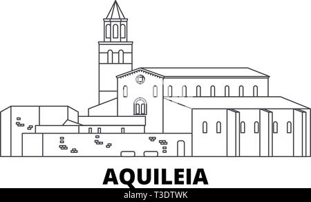 L'Italia, Aquileia linea skyline di viaggio set. L'Italia, Aquileia città outline illustrazione vettoriale, simbolo, siti di viaggi, punti di riferimento. Illustrazione Vettoriale