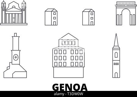 L'Italia, Genova linea skyline di viaggio set. L'Italia, Genova città di contorno illustrazione vettoriale, simbolo, siti di viaggi, punti di riferimento. Illustrazione Vettoriale