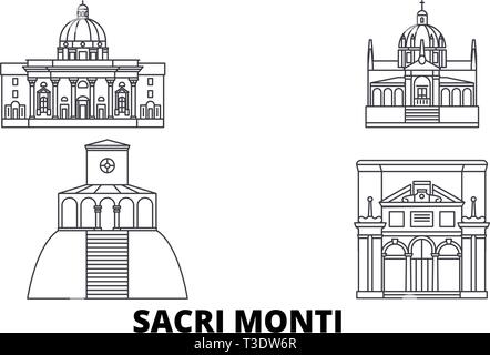 L'Italia, Piemonte e Lombardia, Sacri Monti linea skyline di viaggio set. L'Italia, Piemonte e Lombardia, Sacri Monti delineano città illustrazione vettoriale, simbolo Illustrazione Vettoriale