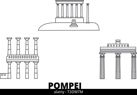 L'Italia, Pompei linea skyline di viaggio set. L'Italia, Pompei città outline illustrazione vettoriale, simbolo, siti di viaggi, punti di riferimento. Illustrazione Vettoriale