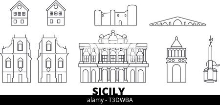 L'Italia, Sicilia Viaggio linea skyline set. L'Italia, Sicilia città outline illustrazione vettoriale, simbolo, siti di viaggi, punti di riferimento. Illustrazione Vettoriale