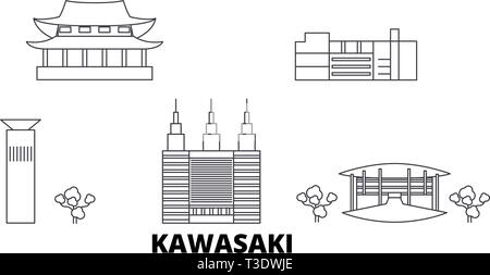 Giappone, Kawasaki linea skyline di viaggio set. Giappone, Kawasaki Città outline illustrazione vettoriale, simbolo, siti di viaggi, punti di riferimento. Illustrazione Vettoriale