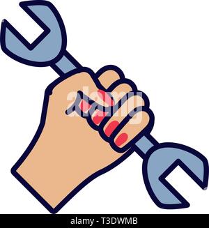 Mano con attrezzo chiave icona isolato illustrazione vettoriale design Illustrazione Vettoriale