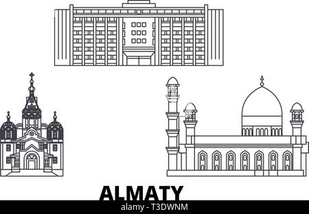 Il Kazakistan, Almaty linea skyline di viaggio set. Il Kazakistan, Almaty città outline illustrazione vettoriale, simbolo, siti di viaggi, punti di riferimento. Illustrazione Vettoriale