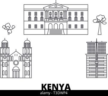 Kenya viaggio linea skyline set. Kenya città outline illustrazione vettoriale, simbolo, siti di viaggi, punti di riferimento. Illustrazione Vettoriale