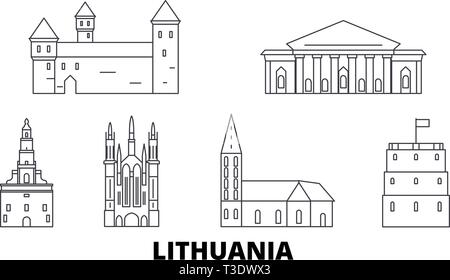 La lituania linea skyline di viaggio set. La lituania città outline illustrazione vettoriale, simbolo, siti di viaggi, punti di riferimento. Illustrazione Vettoriale