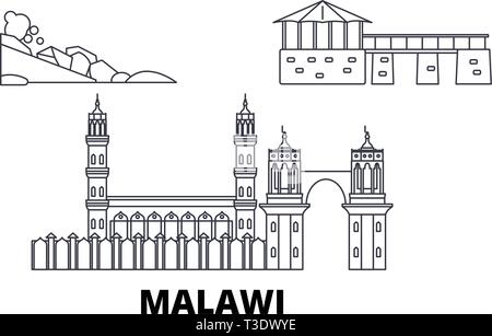 In Malawi la corsa in linea skyline set. In Malawi la città di contorno illustrazione vettoriale, simbolo, siti di viaggi, punti di riferimento. Illustrazione Vettoriale