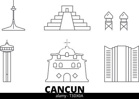 Messico, Cancun linea skyline di viaggio set. Messico, Cancun città outline illustrazione vettoriale, simbolo, siti di viaggi, punti di riferimento. Illustrazione Vettoriale