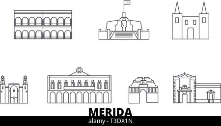 Messico, Merida linea skyline di viaggio set. Messico, Merida città outline illustrazione vettoriale, simbolo, siti di viaggi, punti di riferimento. Illustrazione Vettoriale