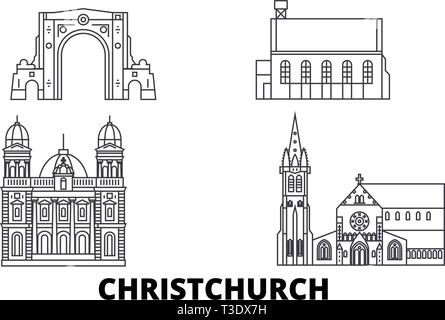 Nuova Zelanda Christchurch linea skyline di viaggio set. Nuova Zelanda Christchurch città outline illustrazione vettoriale, simbolo, siti di viaggi, punti di riferimento. Illustrazione Vettoriale