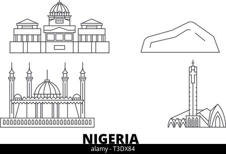 La Nigeria linea skyline di viaggio set. La Nigeria città outline illustrazione vettoriale, simbolo, siti di viaggi, punti di riferimento. Illustrazione Vettoriale