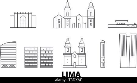 Il Perù, Lima linea skyline di viaggio set. Il Perù, Lima città outline illustrazione vettoriale, simbolo, siti di viaggi, punti di riferimento. Illustrazione Vettoriale