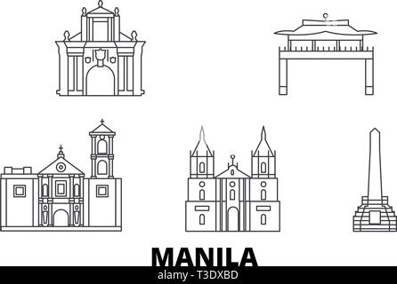 Filippine, Manila linea skyline di viaggio set. Filippine, Manila città outline illustrazione vettoriale, simbolo, siti di viaggi, punti di riferimento. Illustrazione Vettoriale