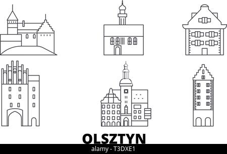 La Polonia, Olsztyn linea skyline di viaggio set. Polonia, Olsztyn città outline illustrazione vettoriale, simbolo, siti di viaggi, punti di riferimento. Illustrazione Vettoriale