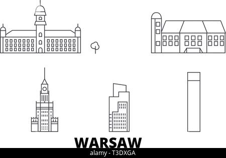 Polonia - Varsavia City line travel skyline set. Polonia - Varsavia città città outline illustrazione vettoriale, simbolo, siti di viaggi, punti di riferimento. Illustrazione Vettoriale