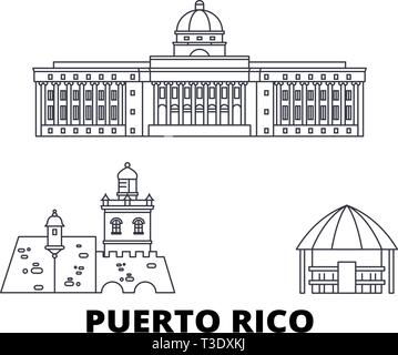 Puerto Rico linea skyline di viaggio set. Puerto Rico città outline illustrazione vettoriale, simbolo, siti di viaggi, punti di riferimento. Illustrazione Vettoriale