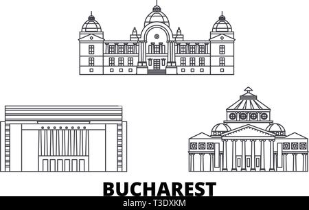 La Romania, Bucarest linea skyline di viaggio set. La Romania, Bucarest città outline illustrazione vettoriale, simbolo, siti di viaggi, punti di riferimento. Illustrazione Vettoriale