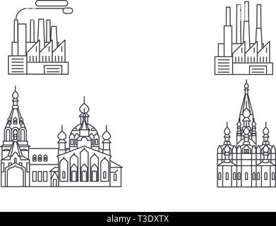 Russia, Chelyabinsk linea skyline di viaggio set. Russia, Chelyabinsk città outline illustrazione vettoriale, simbolo, siti di viaggi, punti di riferimento. Illustrazione Vettoriale