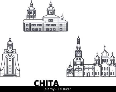 Russia, Chita linea skyline di viaggio set. Russia, Chita città outline illustrazione vettoriale, simbolo, siti di viaggi, punti di riferimento. Illustrazione Vettoriale