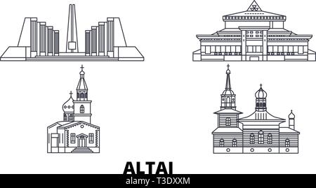 Russia, Gorno Altaysk linea skyline di viaggio set. Russia, Gorno Altaysk città outline illustrazione vettoriale, simbolo, siti di viaggi, punti di riferimento. Illustrazione Vettoriale