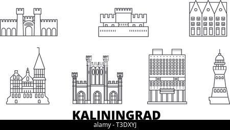 Russia, Kaliningrad linea skyline di viaggio set. Russia, Kaliningrad città outline illustrazione vettoriale, simbolo, siti di viaggi, punti di riferimento. Illustrazione Vettoriale